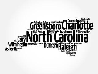 List of cities in North Carolina USA state, map silhouette word cloud map concept background