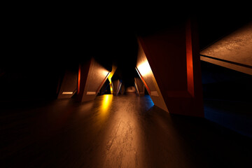 Three dimensional render of rows of columns in dark hall