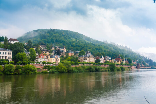 Neckar river with Neuenheim, Philosopher's way and the Schleuse, Heidelberg, Germany
