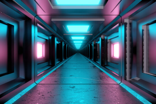 Three dimensional render of futuristic corridor inside spaceship or space station