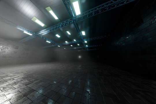 Three dimensional render of dark empty warehouse