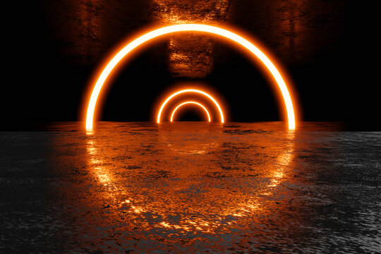 Three dimensional render of dark environment illuminated by red glowing arches