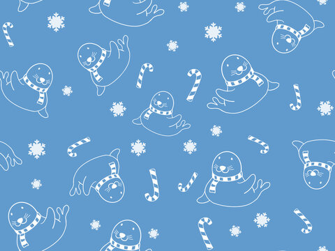 seals seamless pattern background with candies and snowflakes on light blue background. winter pattern with snowflakes, wrapping paper, winter greetings cute cartoon background .