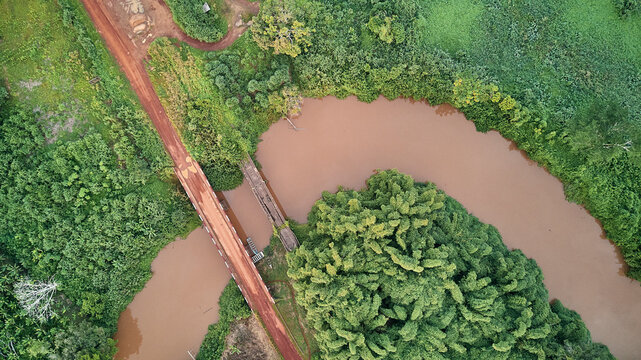Cameroon, Aerial view of Sanaga river and bridges