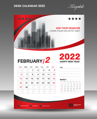 Desk calendar 2022 template, February month design, Wall calendar design, Calendar 2022 template modern style, Planner, week starts on sunday, printing media, advertiement, Red curve background