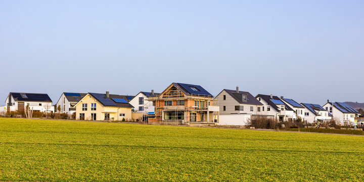 Germany, Baden-Wurttemberg, Waiblingen, Panorama of modern energy efficient suburb houses