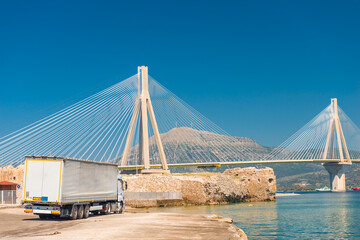 Modern Bridge Rion-Antirion. The bridge connecting the cities of Patras and Antirrio, Greece