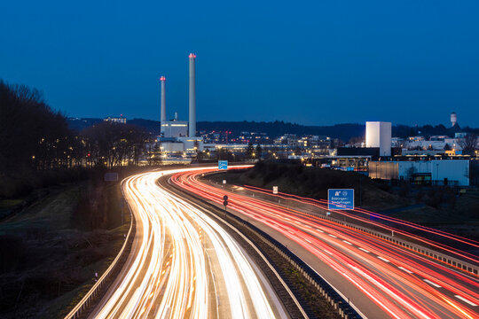 Germany, Baden-Wurttemberg, Sindelfingen, Vehicle light trails on A 81 at night