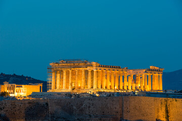 Parthenon Acropolis Hill in Athens, Greece by night