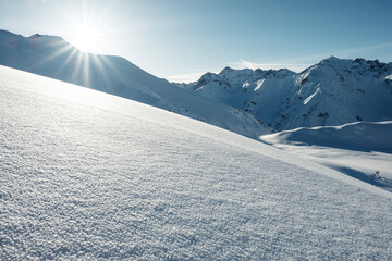 Namloser Wetterspitze Mountains covered in snow during sunny day, Lechtal Alps, Tyrol, Austria