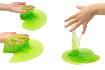 Green slime toy in woman hand isolated on white background.