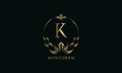 Vintage gorgeous royal monogram with letter K on a dark background. Exquisite gold floral logo for business, restaurant, boutique, cafe, hotel, etc.