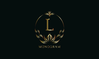 Vintage gorgeous royal monogram with letter L on a dark background. Exquisite gold floral logo for business, restaurant, boutique, cafe, hotel, etc.