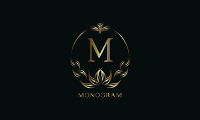 Vintage gorgeous royal monogram with letter M on a dark background. Exquisite gold floral logo for business, restaurant, boutique, cafe, hotel, etc.
