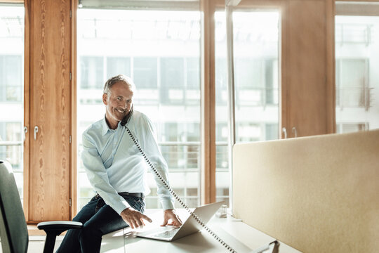Smiling businessman using laptop while talking through telephone on desk