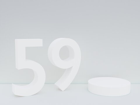 Scene with podium for mock up presentation in white color, minimalism style and number 59 with copy space, 3d render abstract background