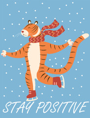 A cute funny tiger in a scarf is skating under the snow in winter and smiling. Text: 