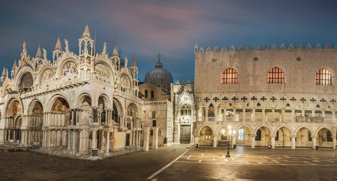 Italy, Veneto, Venice, Saint Marks Basilica standing on empty Piazza San Marco at dusk