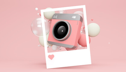 Three dimensional render of picture of old-fashionedÔøΩcamera floating with various bubbles against pink background