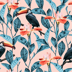 Tropical seamless pattern with leaves, flowers and toucan.