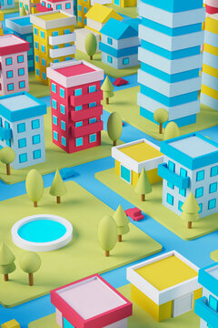 Three dimensional render of diorama of colorful city