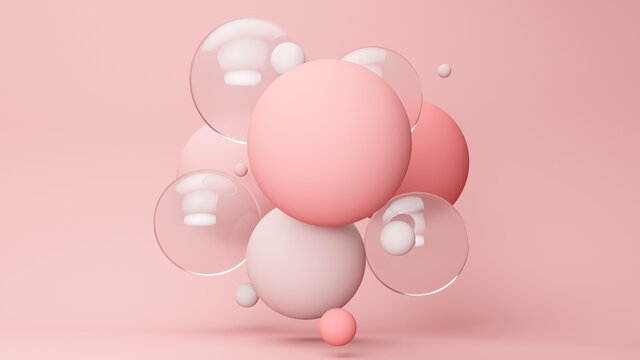 Three dimensional render of pastel colored bubbles floating against pink background
