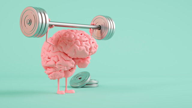 Three dimensional render of human brain lifting weights