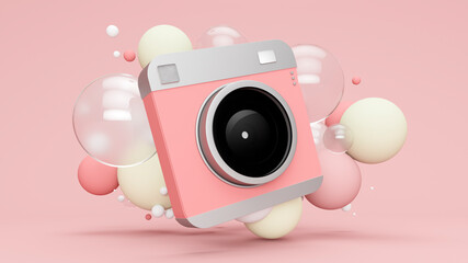 Three dimensional render of old-fashioned camera floating with various bubbles against pink background