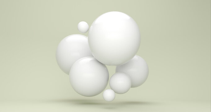 Three dimensional render of white bubbles floating against green background