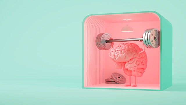 Three dimensional render of human brain lifting weights