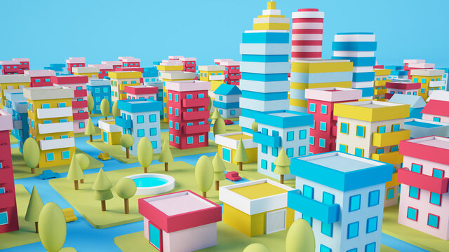 Three dimensional render of diorama of colorful city