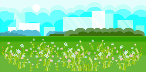 Spring landscape town blooming flower blue cloud flat design art design elements stock vector illustration for web, for print