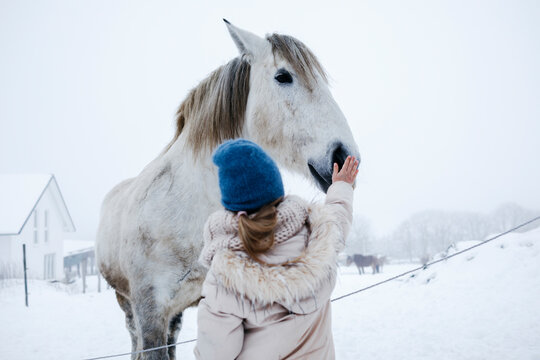 Girl in warm clothing stroking horse on snow during winter