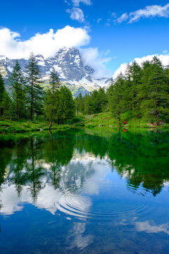 Scenic view of Lago Blu in spring with&not;&dagger;Matterhorn in background