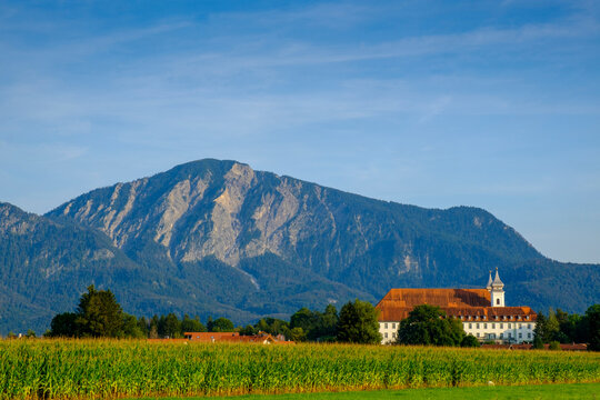 Germany, Bavaria, Schlehdorf, Field in front of Schlehdorf Abbey with mountain in background