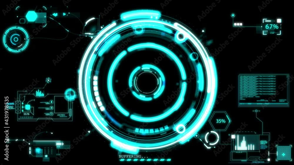 Poster abstract hud display. blue futuristic screen with digital hi-tech animated elements. depth of field 