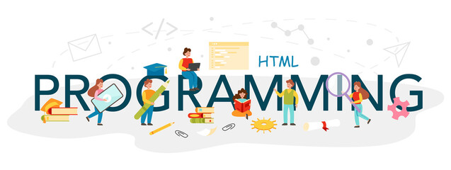 Programming typographic header. IT education, student writing a software
