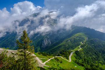 Clouds over mountain trail between Hohes Brett and Schneibstein mountains