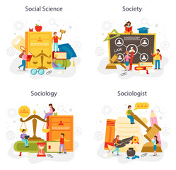 Sociology school subject set. Students studying society, pattern