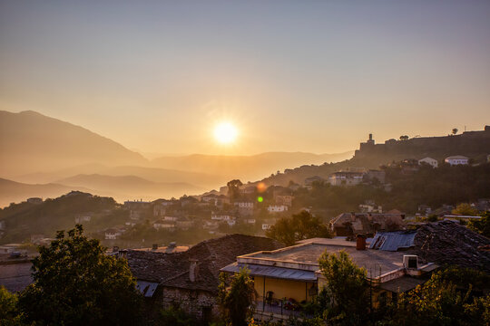 Town during sunrise in Gjirokaster, Albania