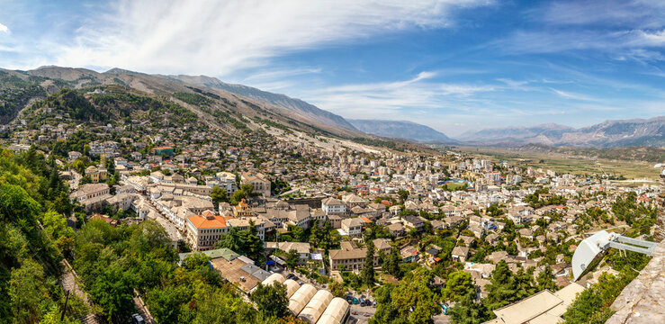 Panoramic view of old town against blue sky at Gjirokaster, Albania
