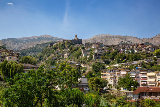 Mali I Gjere mountain against blue sky at Gjirokaster, Albania