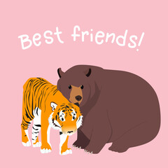 Best friends - tiger and bear. Greeting card. Vector illustration on pink background.