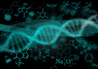 graphic abstraction of chemistry, biology, medicine, chemical formulas and dna