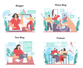 Blogger concept set. Sharing media content in the internet. Idea of social media