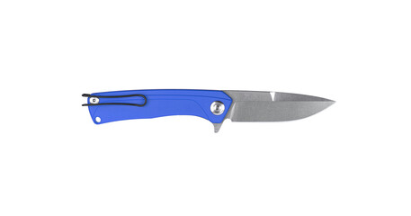 Blue pocket folding knife isolate on white back. Compact metal sharp knife with a folding blade.