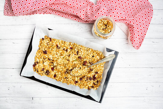 Homemade granola with cranberries, pumpkin seeds and whole grain oat flakes