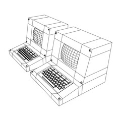 Classic retro perconal computer. Programming code concept. Wireframe low poly mesh vector illustration