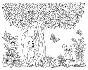 Illustration. The fox is watching from behind a tree a mouse that sits on a bench. Coloring book. Antistress for adults and children. The work was done in manual mode. Black and white.