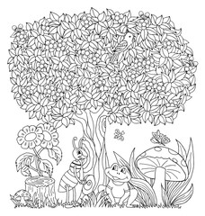 Illustration. An ant and a frog communicate under a branchy tree in a clearing. Coloring book. Antistress for adults and children. The work was done in manual mode. Black and white.